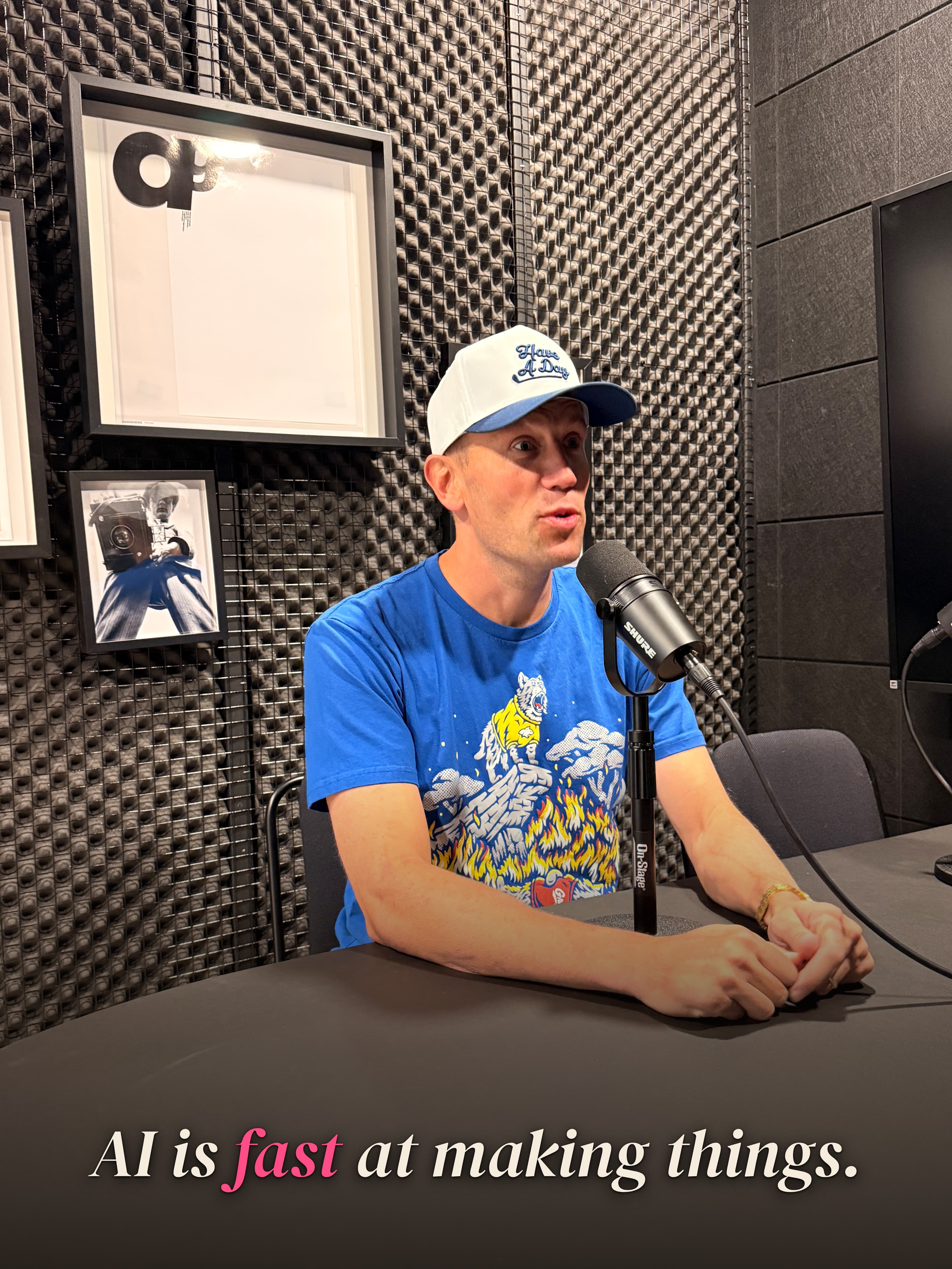 Christian at the podcast mic. Caption: AI is fast at making things.