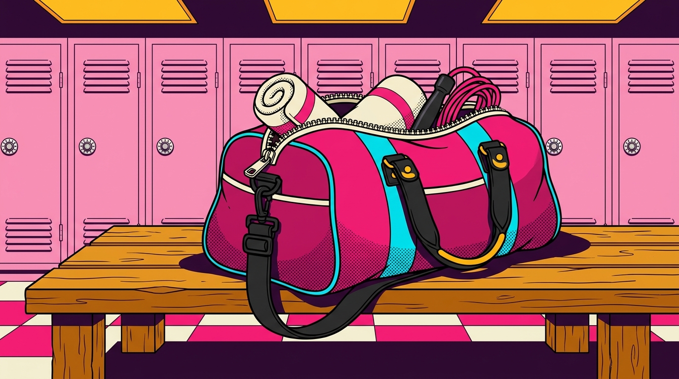 Open 80s duffel bag with mixtape, sweatband, jersey, playbook, and punch card spilling out