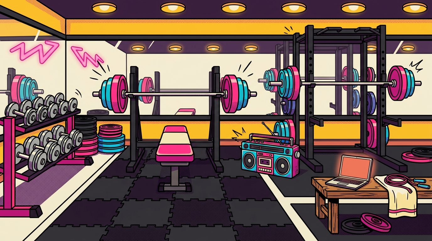 80s aerobics studio with a laptop and boombox